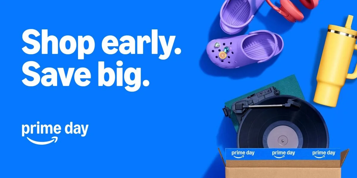 A graphic announcing early Prime Day deals with Amazon logos and product imagery.