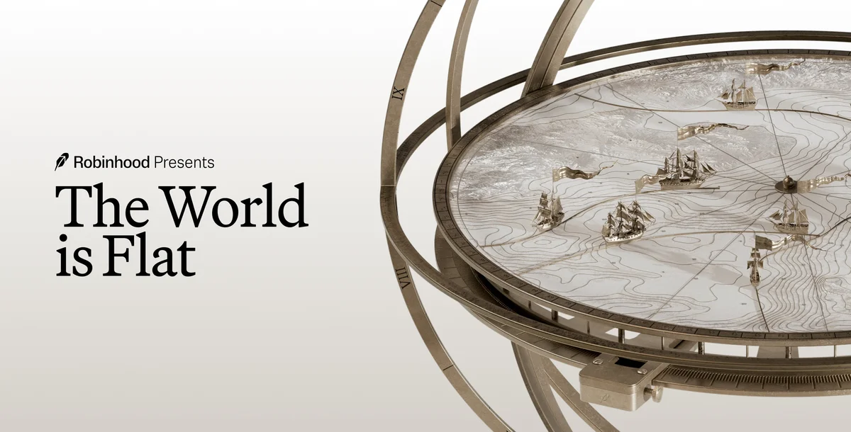 Robinhood logo with a stylized globe and compass overlay, symbolizing global reach.