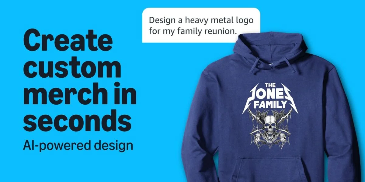 A person using a smartphone to design custom merchandise with AI via Amazon's Alexa for Shopping feature.