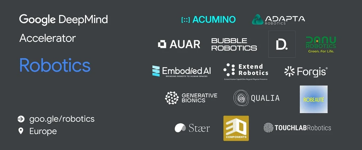 Google DeepMind logo next to a graphic representing robotics and AI