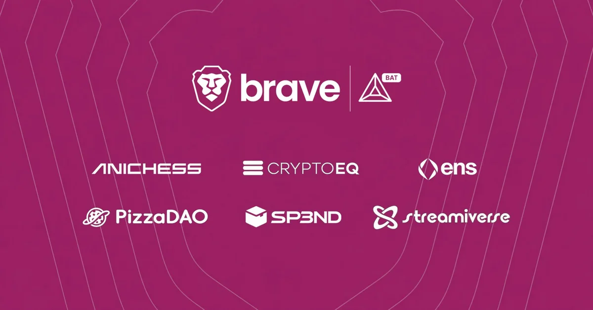 Brave browser logo with BAT token symbol and partner logos.