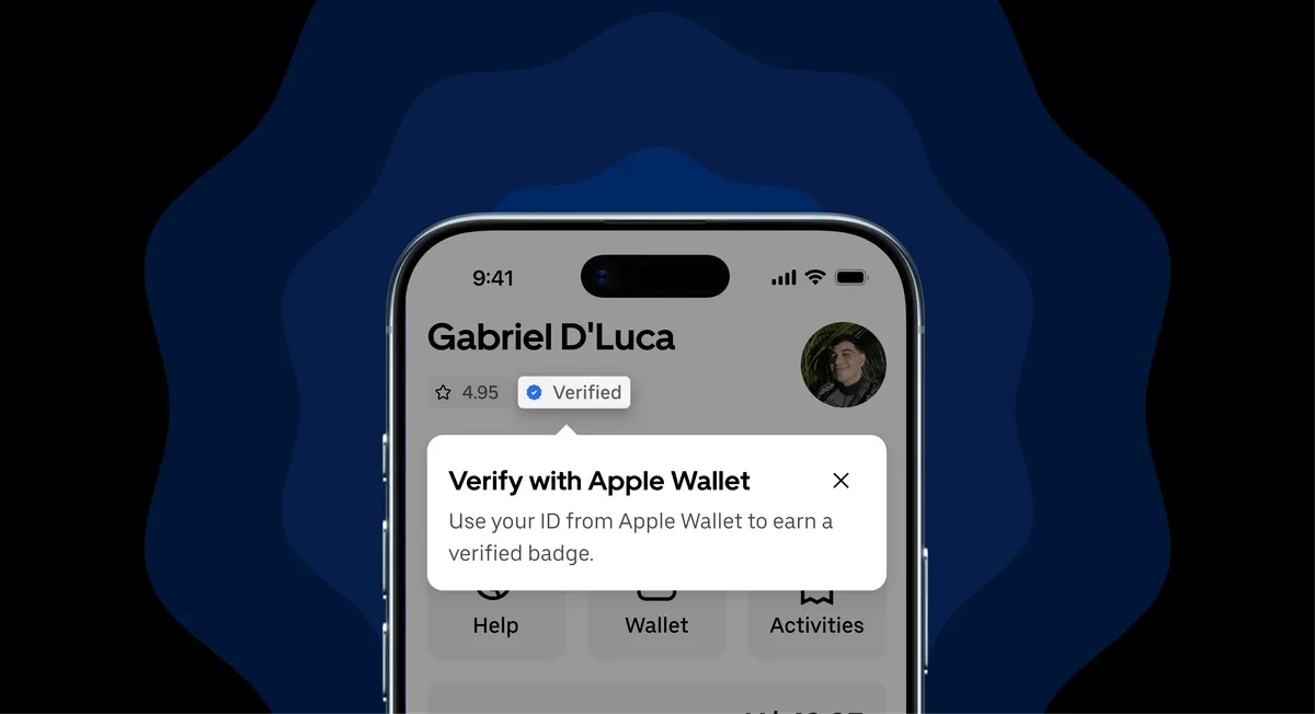 Illustration showing a smartphone displaying a digital ID within Apple Wallet, with Uber app interface in the background.