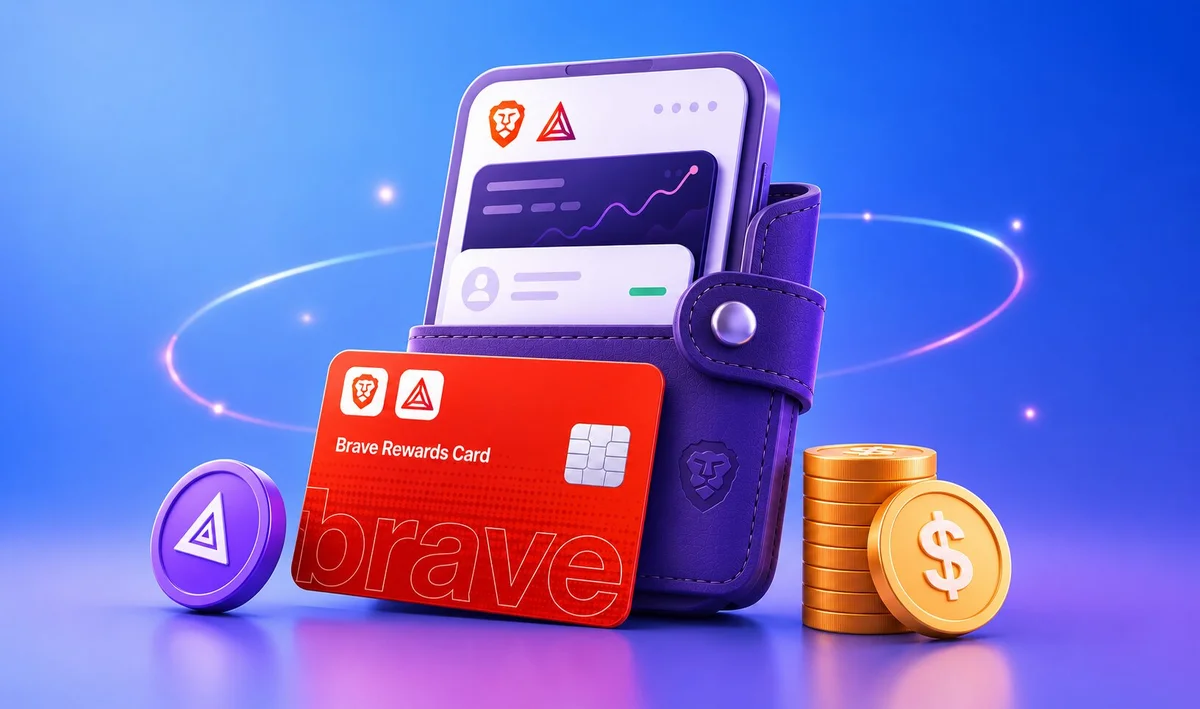 Illustration of Brave browser logo with a blockchain network overlay and various payment icons, representing BAT Roadmap 4.0.