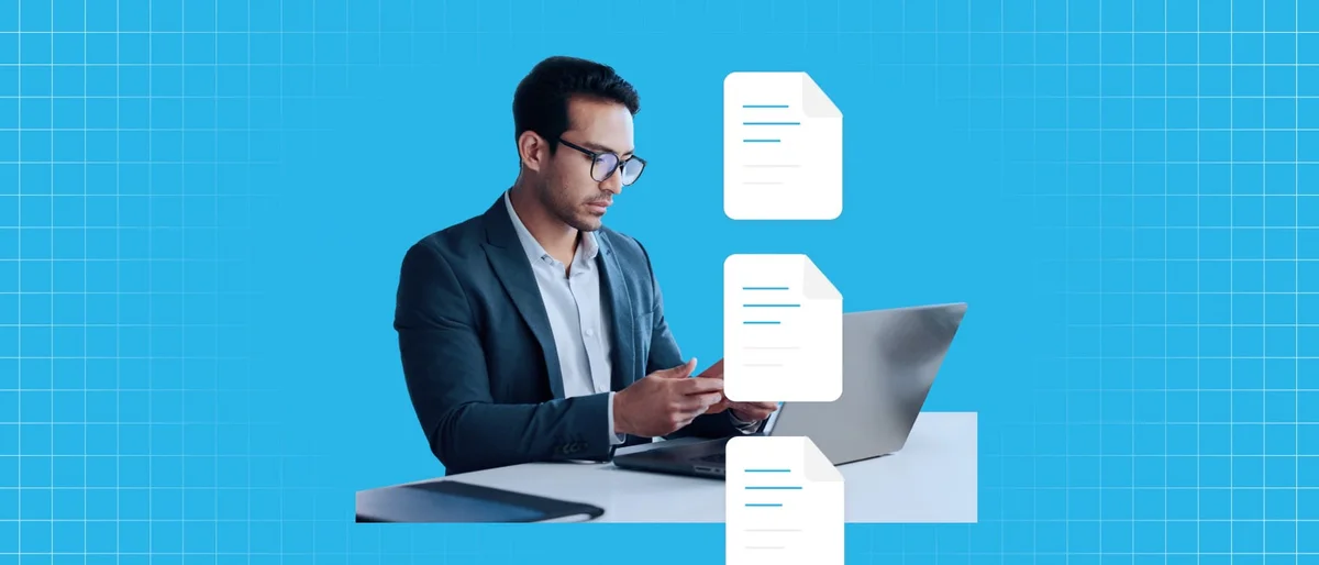 Illustration of documents being processed by AI within a cloud interface.