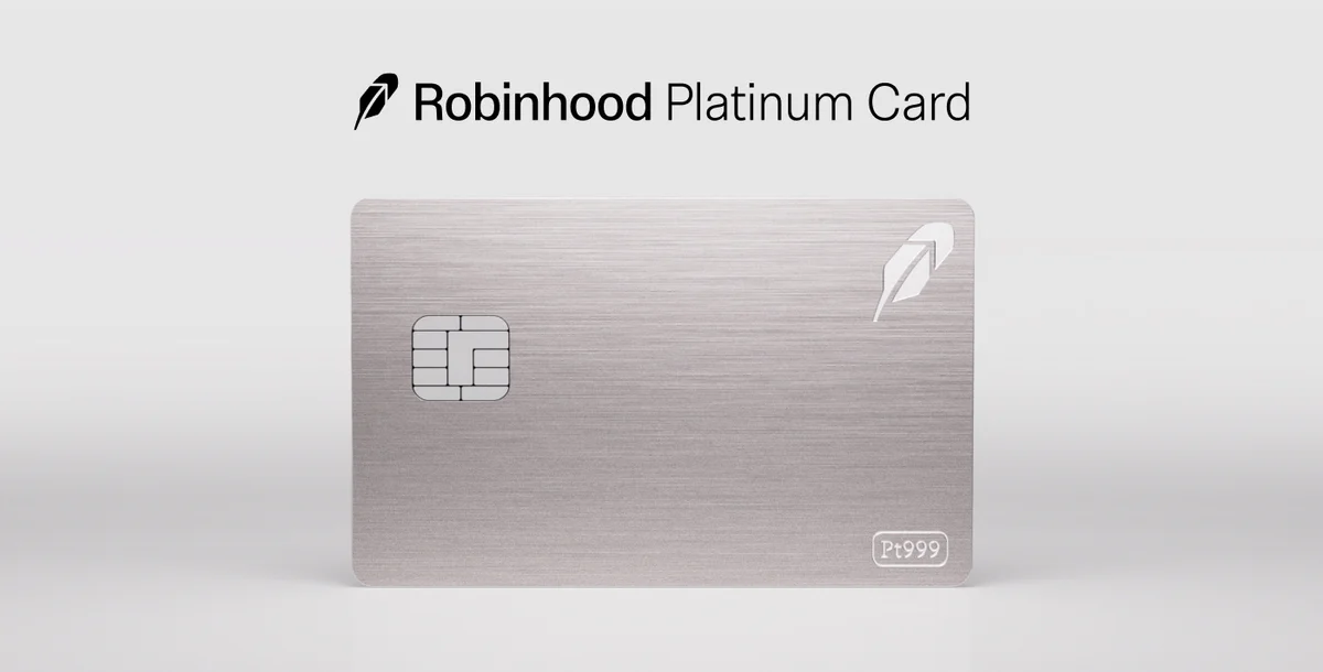 The Robinhood Platinum Card, a sleek metal credit card with platinum accents, displayed prominently.