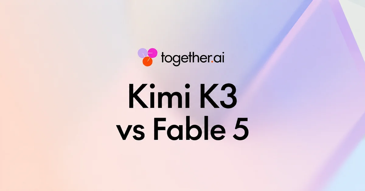 Side-by-side comparison graphic of Kimi K3 and Claude Fable 5 logos with benchmark scores.