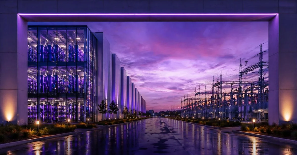 Abstract visualization of electrical power flowing into a modern data center server rack, symbolizing AI infrastructure and energy demand.