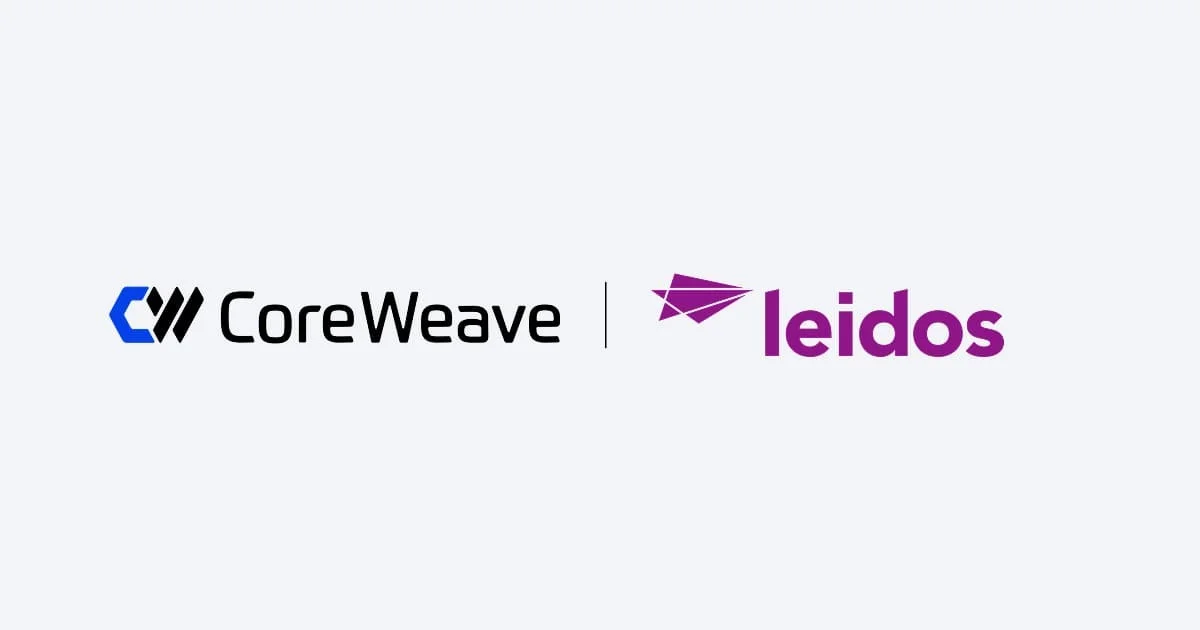 Leidos and CoreWeave logos side-by-side with a background suggesting secure cloud infrastructure.
