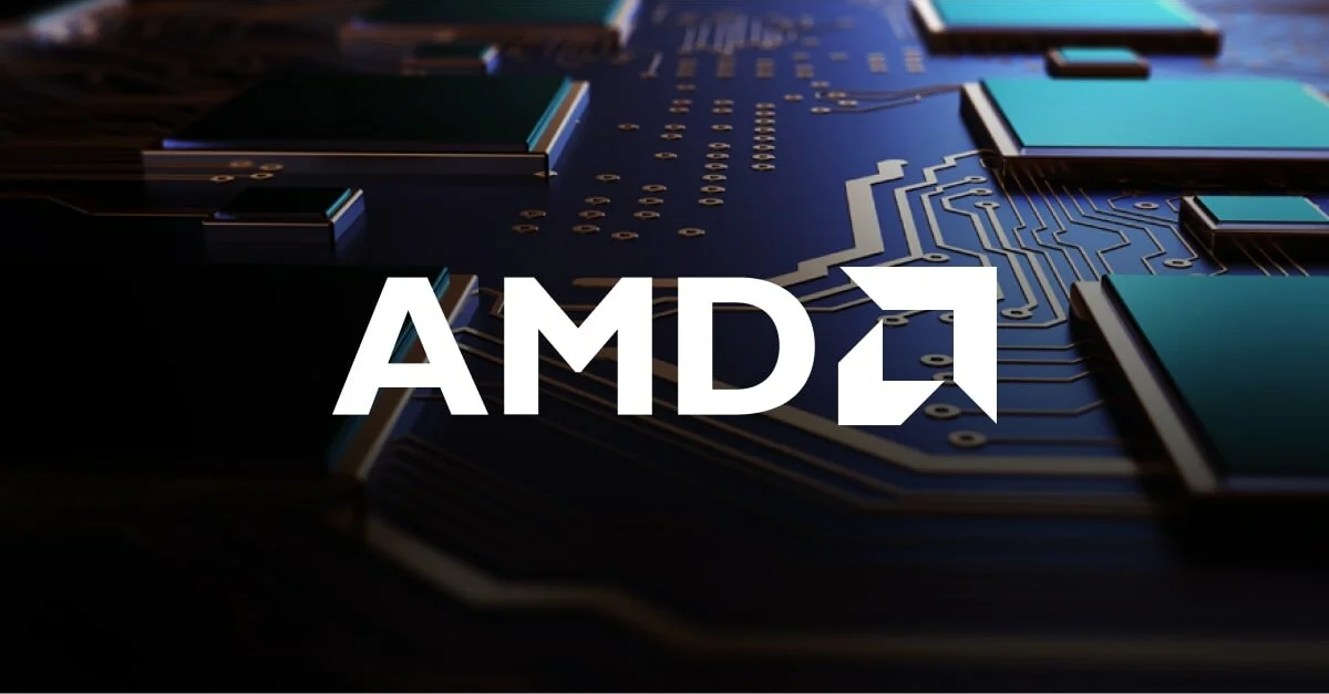 AMD logo on a circuit board background