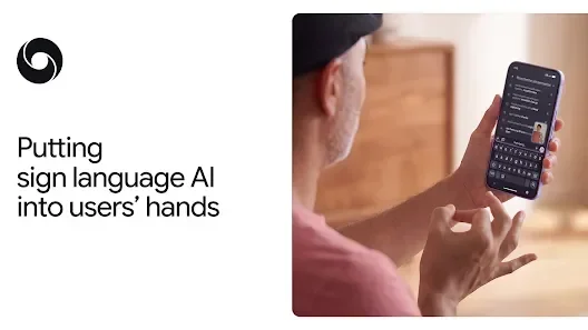 Google DeepMind team demonstrating sign language AI on a smartphone screen.