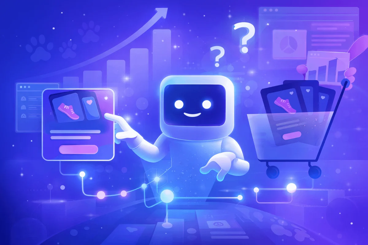 Illustration of AI agents interacting with e-commerce platforms and brands.