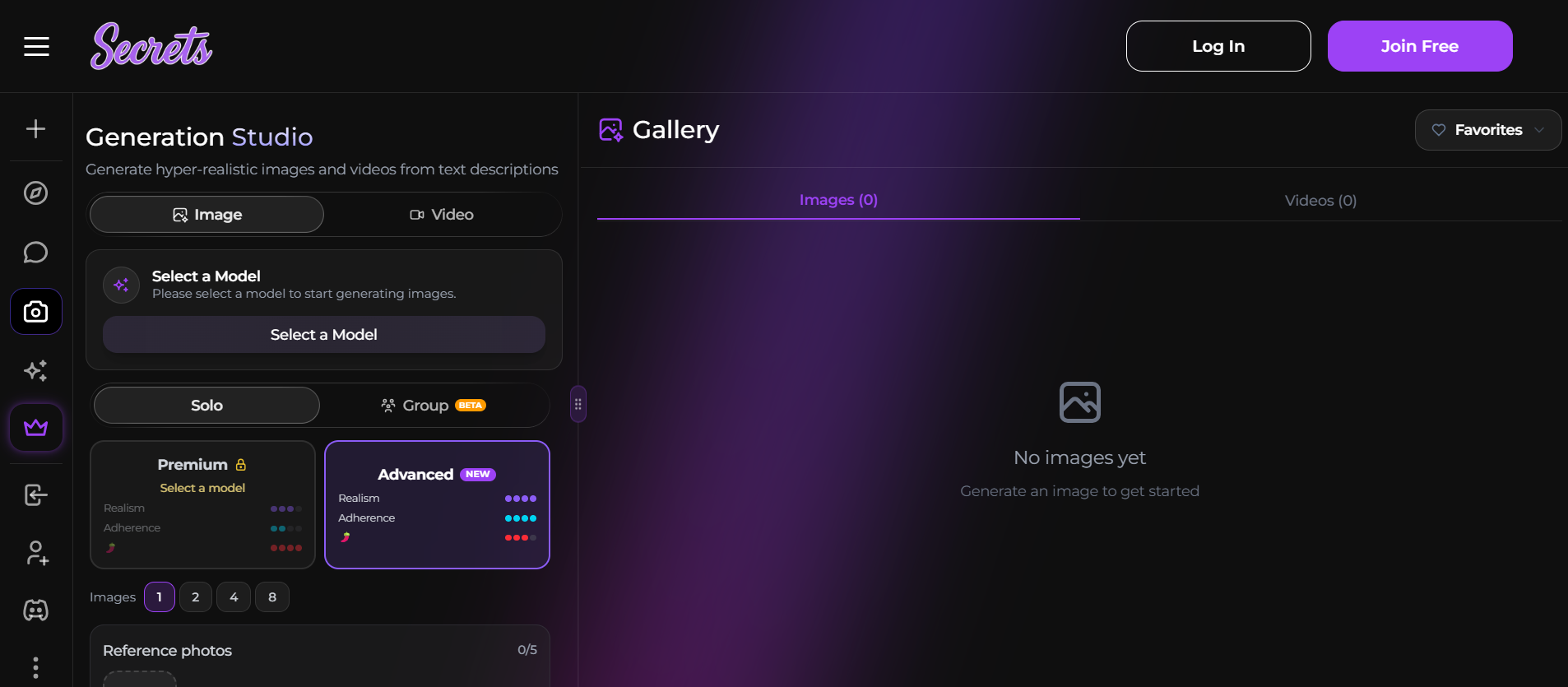 Secrets AI image Generation Studio with model selection, solo and group modes, and reference photo upload