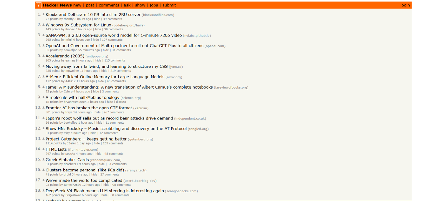 Hacker News front page