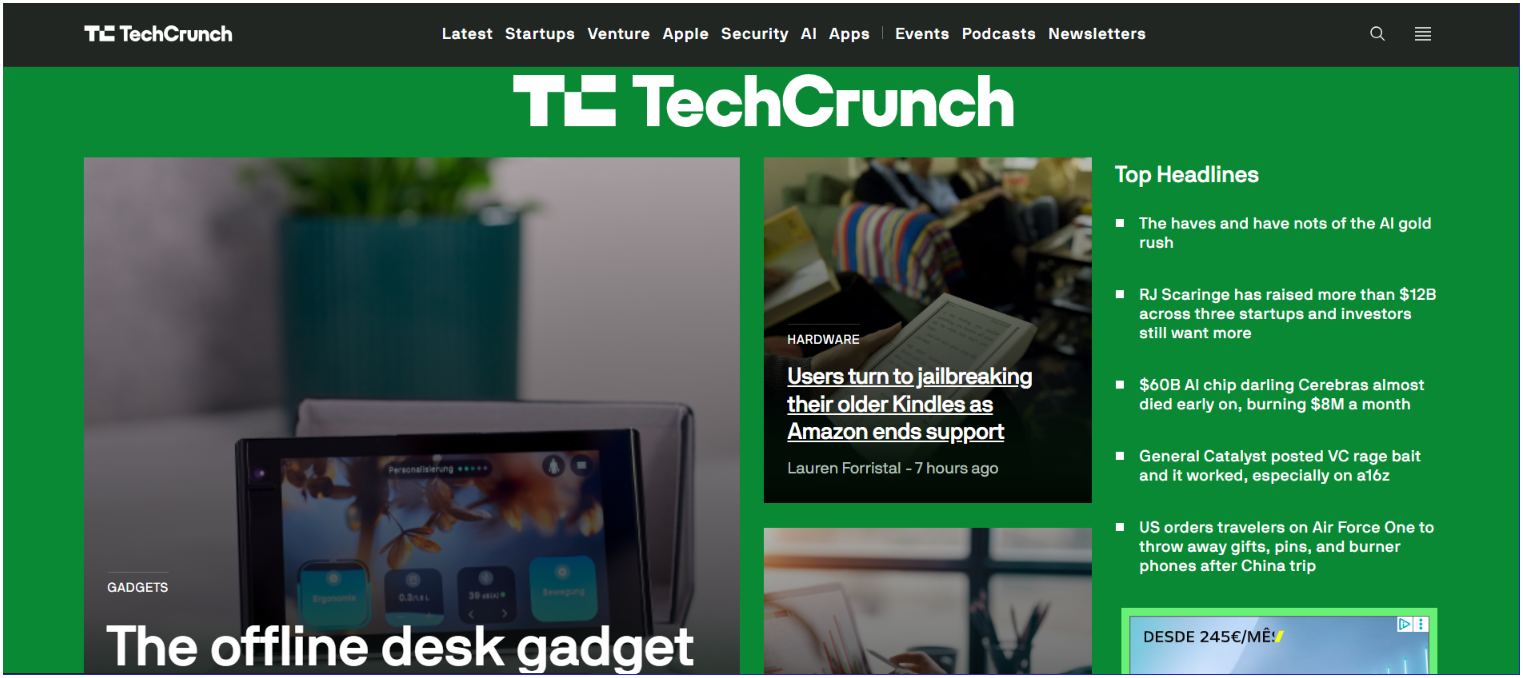TechCrunch homepage
