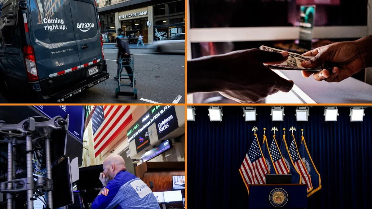Bloomberg Money Minute graphic with an Amazon delivery van.