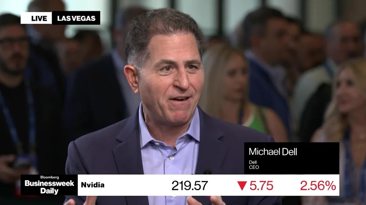 Michael Dell and Jensen Huang speaking on stage at Dell Technologies World