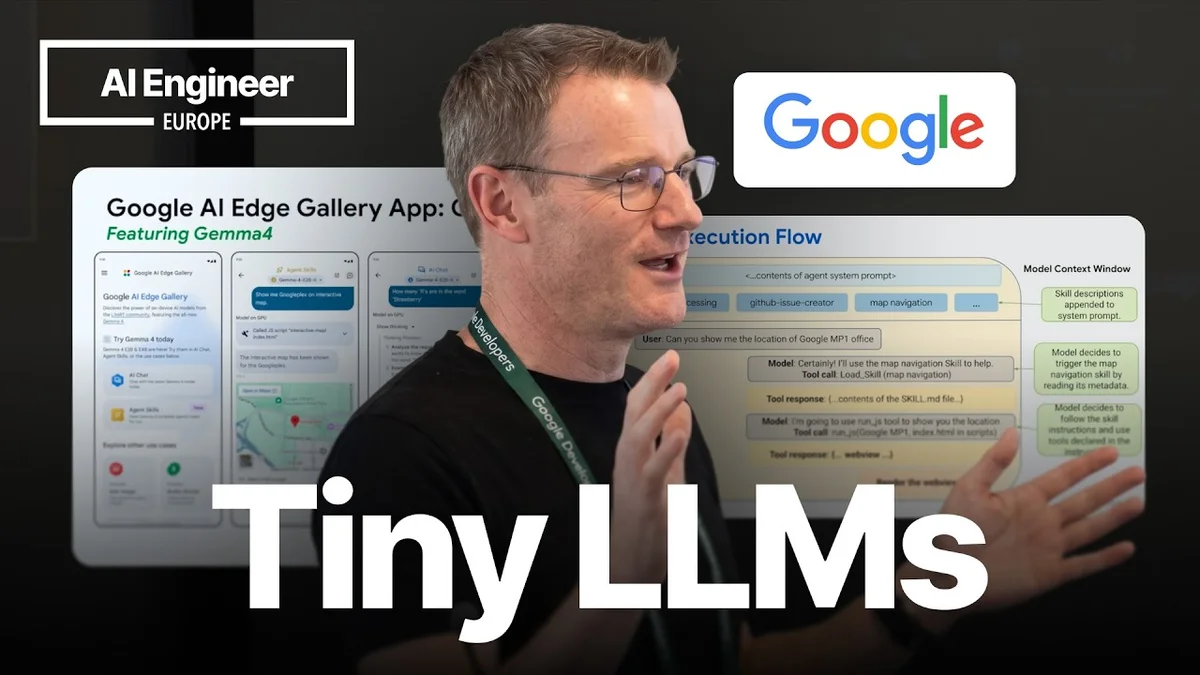 Presentation slide showing the title 'TLMs: Tiny LLMs and Agents on Edge Devices' with a network diagram.