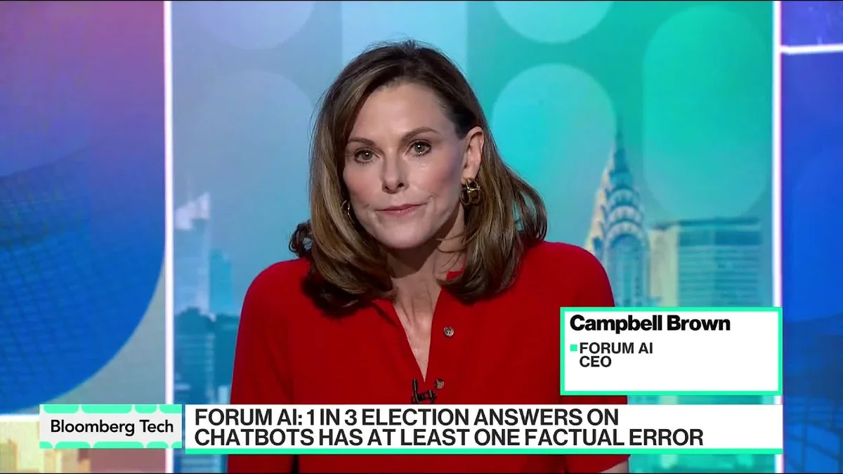 Screen shows a Bloomberg Tech segment discussing AI chatbots and a study from Forum AI.