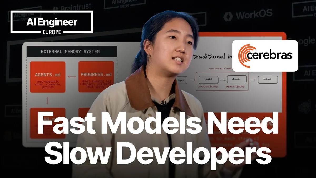 Sarah Chieng on stage presenting "Fast Models Need Slow Developers"