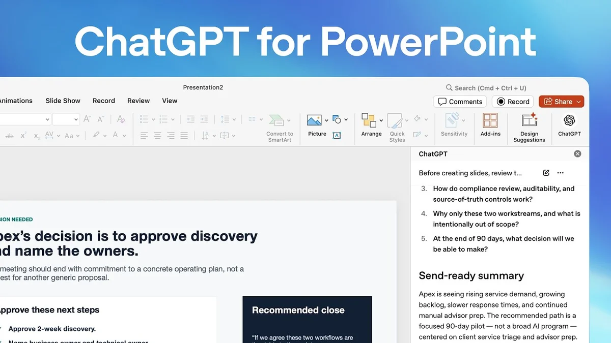 Screenshot of Microsoft PowerPoint with the ChatGPT sidebar open, showing AI-generated presentation suggestions.