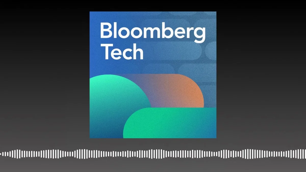 Bloomberg Tech logo with a background of abstract shapes.