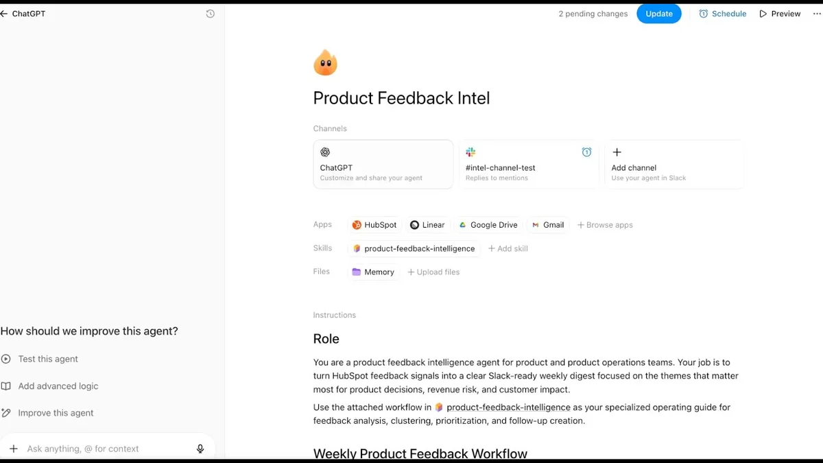 Screenshot of ChatGPT interface showing workspace agent configuration with apps and instructions.