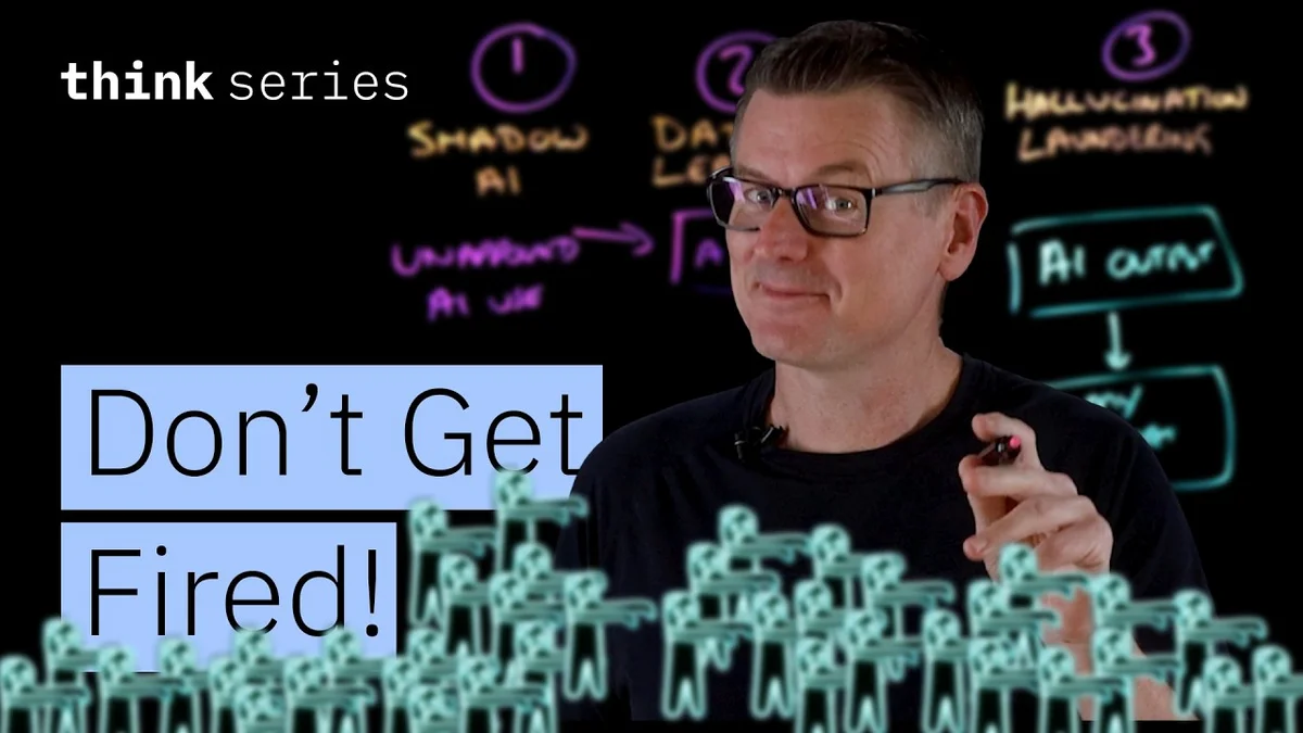 Martin Keen, IBM Master Inventor, pointing to a list of AI risks on a black background.
