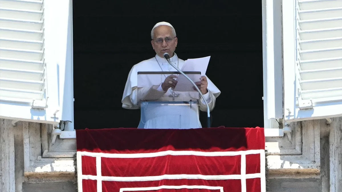 Pope Francis in procession, with a screen showing 'Pope Leo Focusing on AI in First Encyclical'