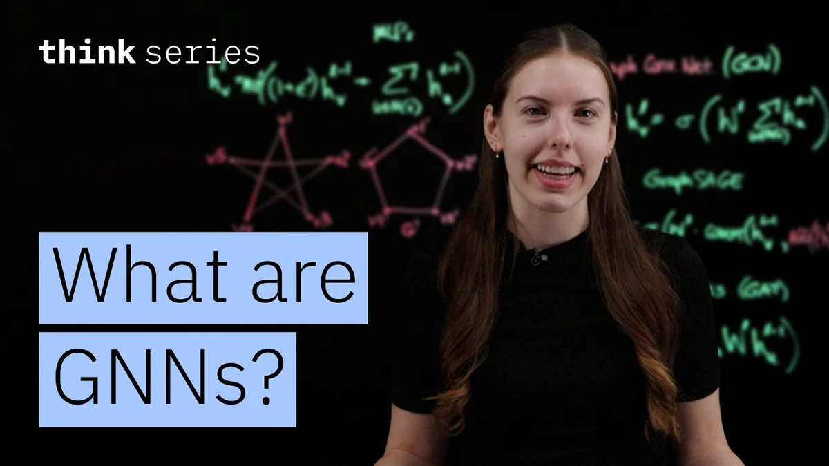 A woman explaining graph neural network concepts with handwritten formulas on a black background.