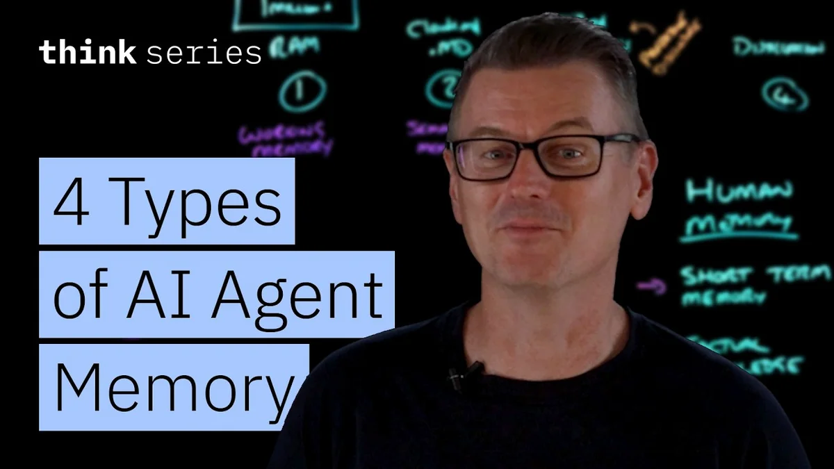 Martin Keen, Master Inventor at IBM, stands against a black background, gesturing towards a diagram of AI memory types.