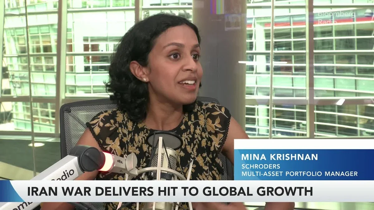 Mina Krishnan and another person in a studio setting, discussing market trends.