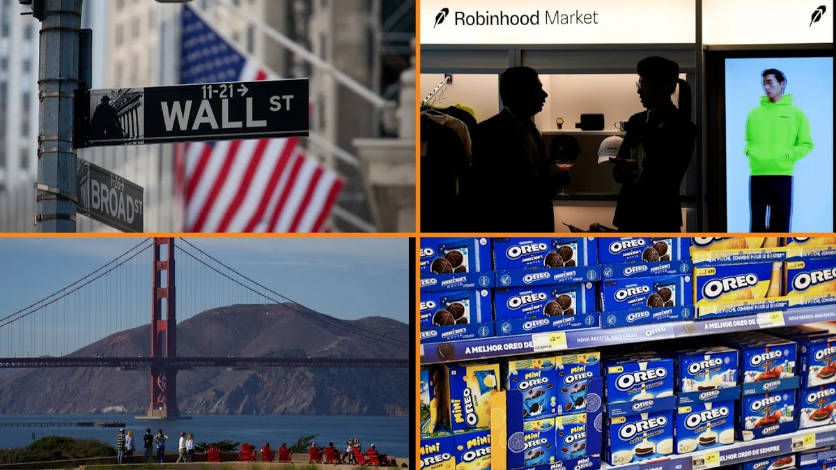 Split image showing Wall Street signs and a Robinhood store interior.