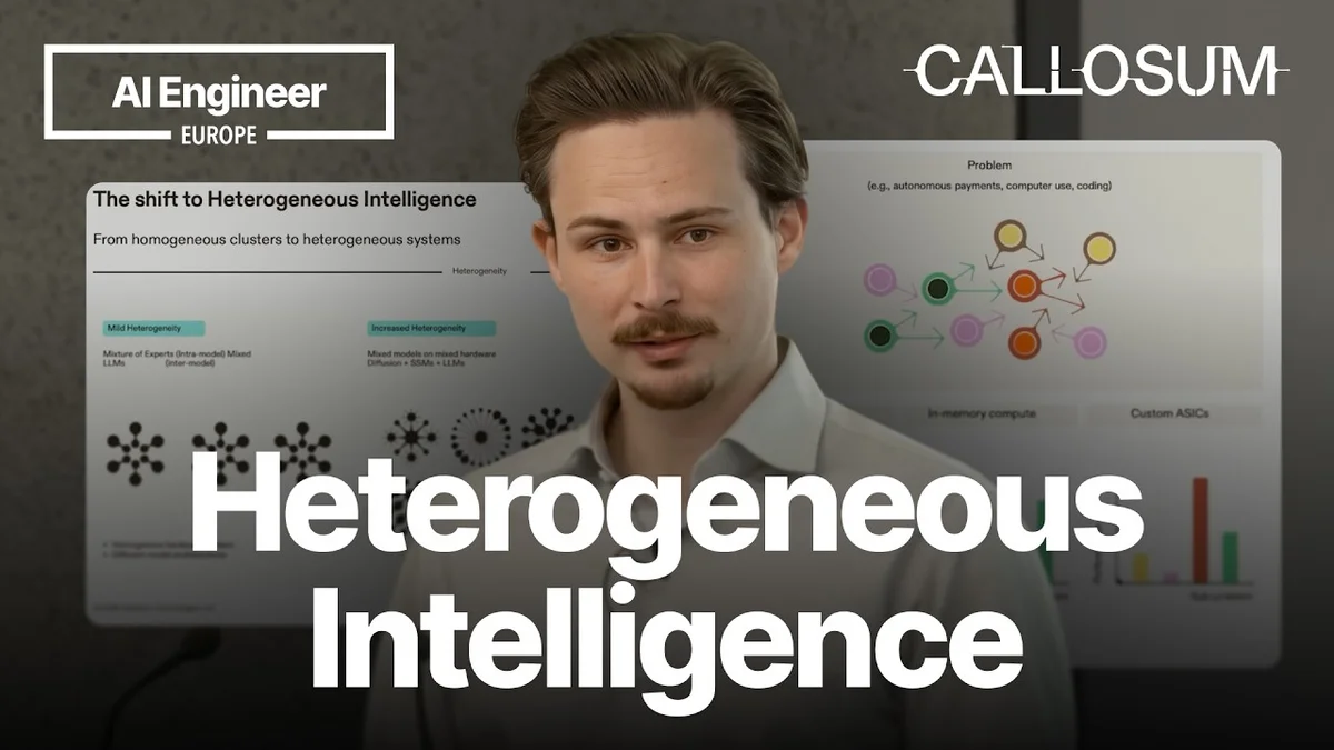 Adrian Bertagnoli speaking on stage about heterogeneous intelligence.