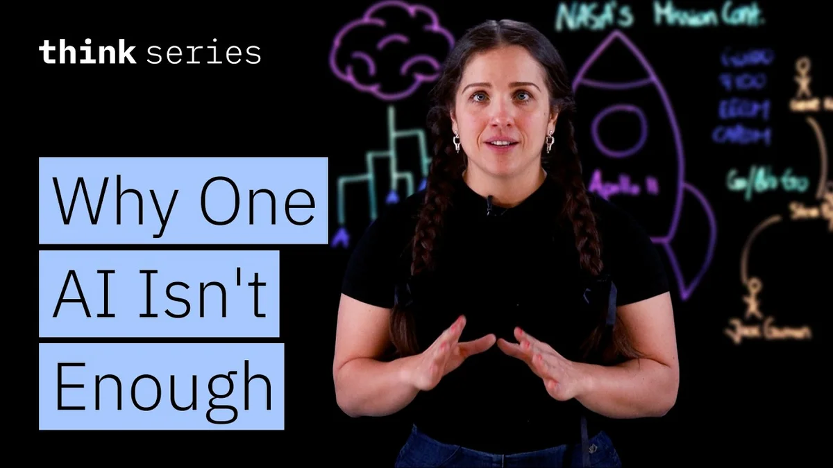 Bri Kopecki, AI Engineer at IBM, speaking in front of a black background with AI concepts drawn.