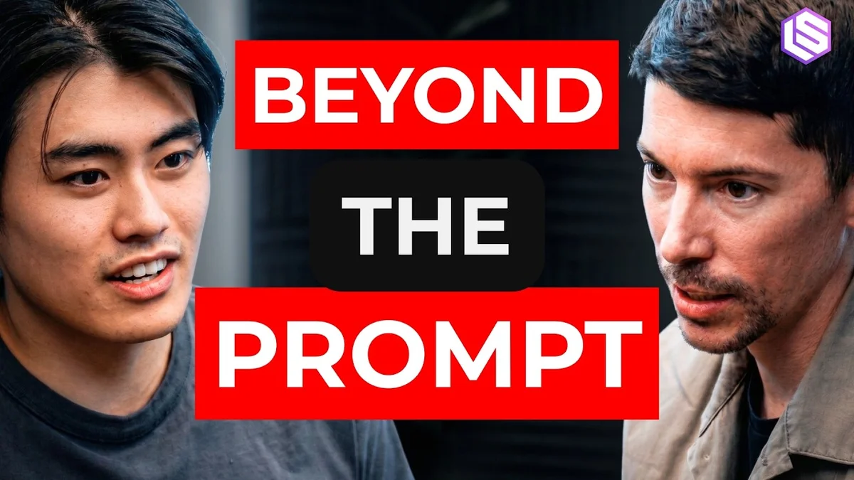 Walden Yan and Cole Murray discuss AI coding agents with microphones and a laptop.
