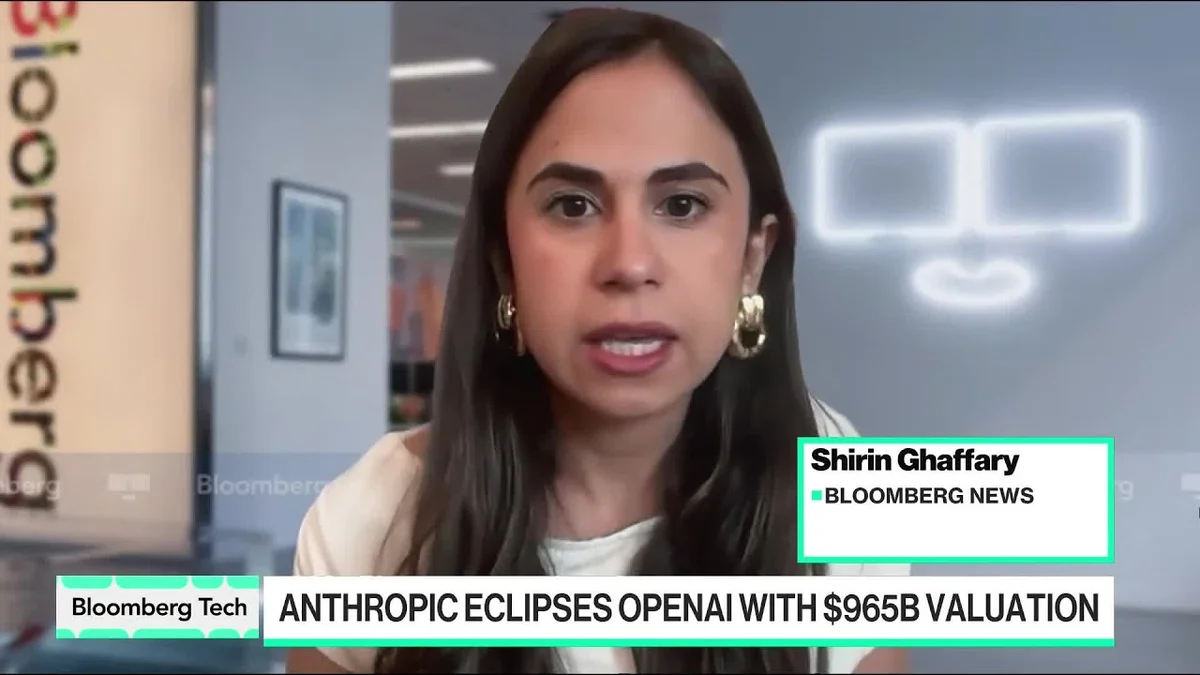Split screen showing a Bloomberg anchor on the left and a Bloomberg reporter on the right, with the headline 'Anthropic Valuation of $965 Billion Passes OpenAI'.