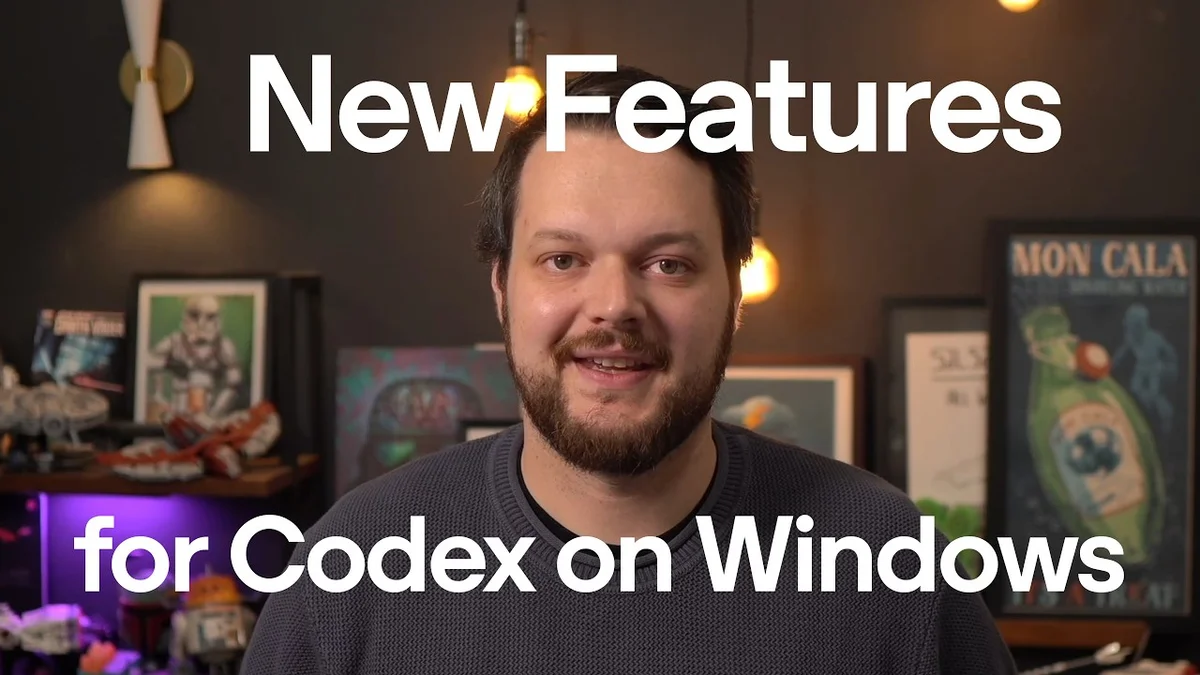 Man speaking to the camera, with a graphic of a Windows computer screen showing Codex settings in the background.