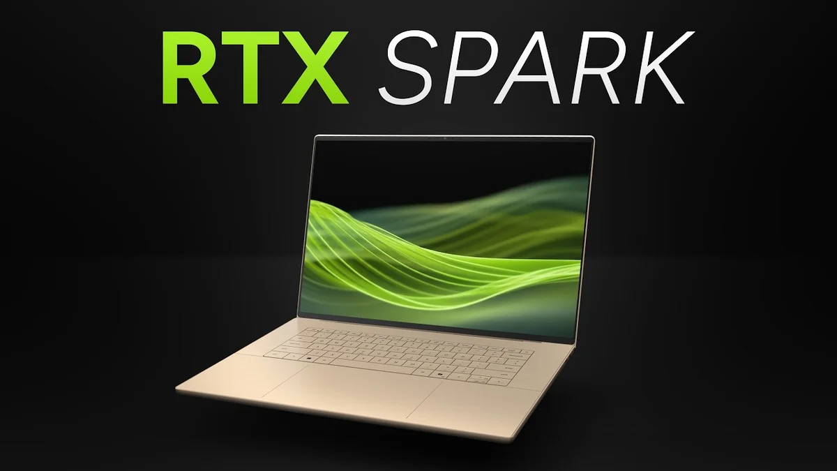 Man presenting Nvidia's RTX Spark chip and new laptops on stage.