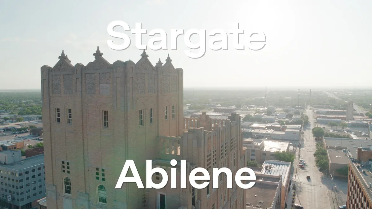 Aerial view of Abilene, Texas skyline with a historic building in the foreground.