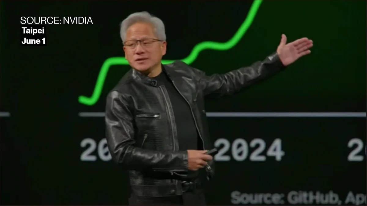 Nvidia CEO Jensen Huang on stage presenting a graph showing upward trends.