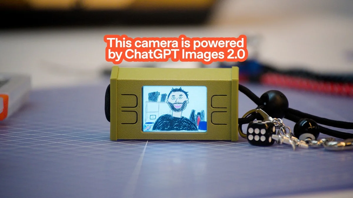 A small, lime green camera displaying a cartoonish self-portrait on its screen.