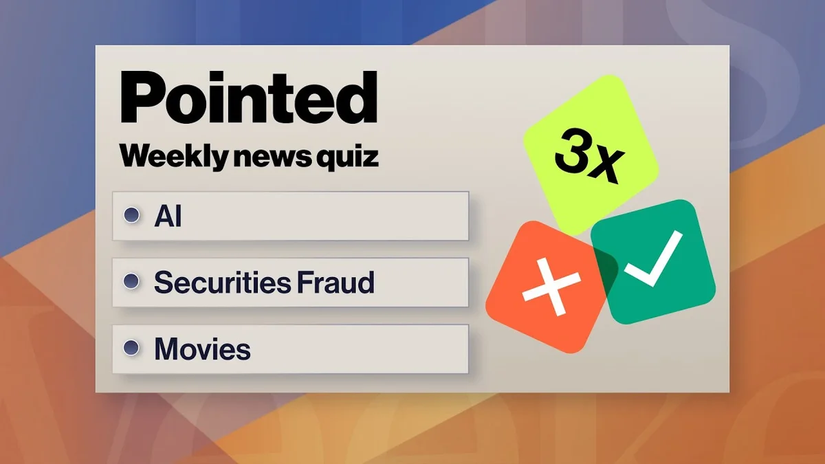 Three people at a table participating in a news quiz with a large screen showing categories like AI, Securities Fraud, and Movies.