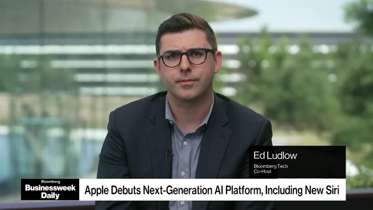 Split screen showing a woman speaking on the left and a man in a suit on the right, with Apple stock information displayed.