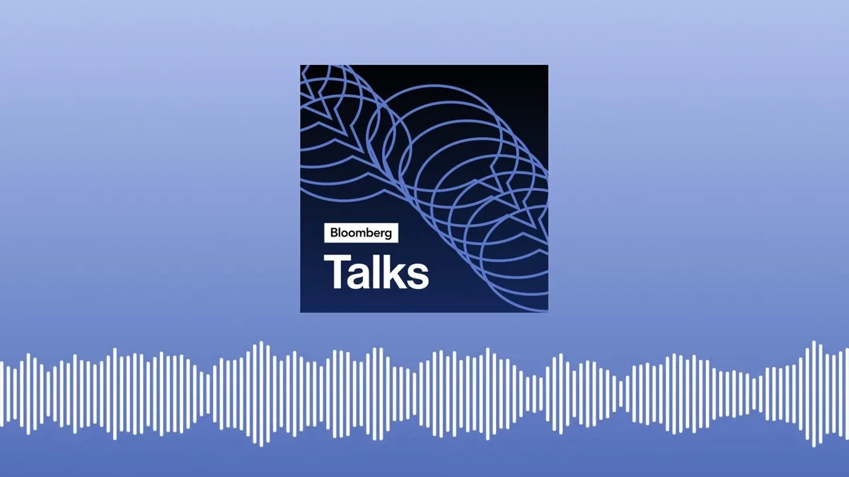 Bloomberg Talks logo with a background of a blue gradient and sound waves.