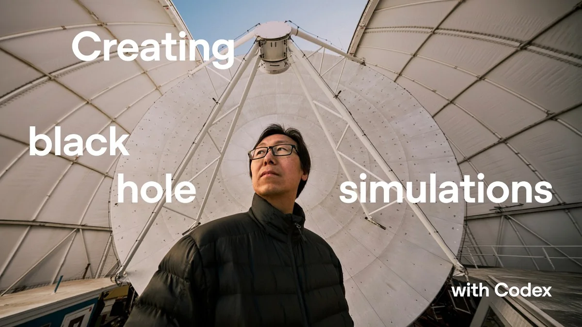 A person stands before a large radio telescope dome, with the text 'Creating black hole simulations with Codex' overlaid.