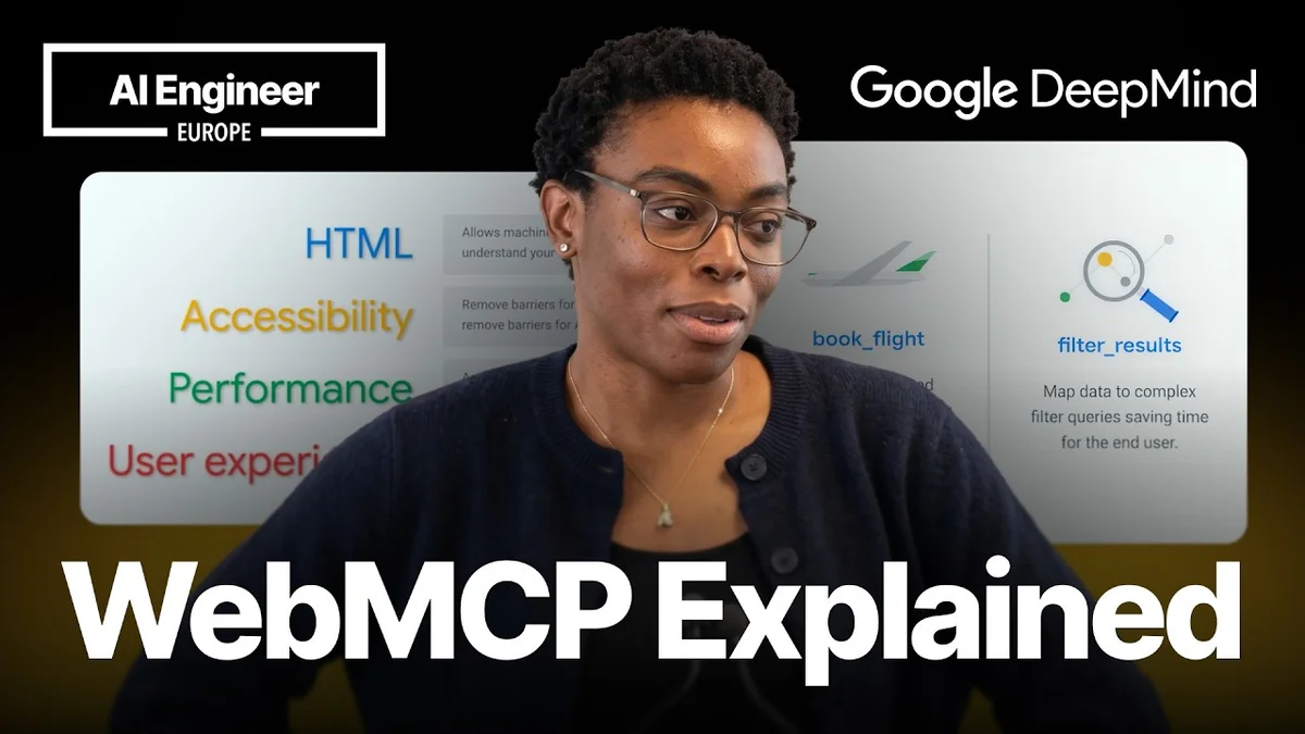 Tara Agyemang presenting on 'The agent-ready web: Simplify user actions with WebMCP' at a Google event.