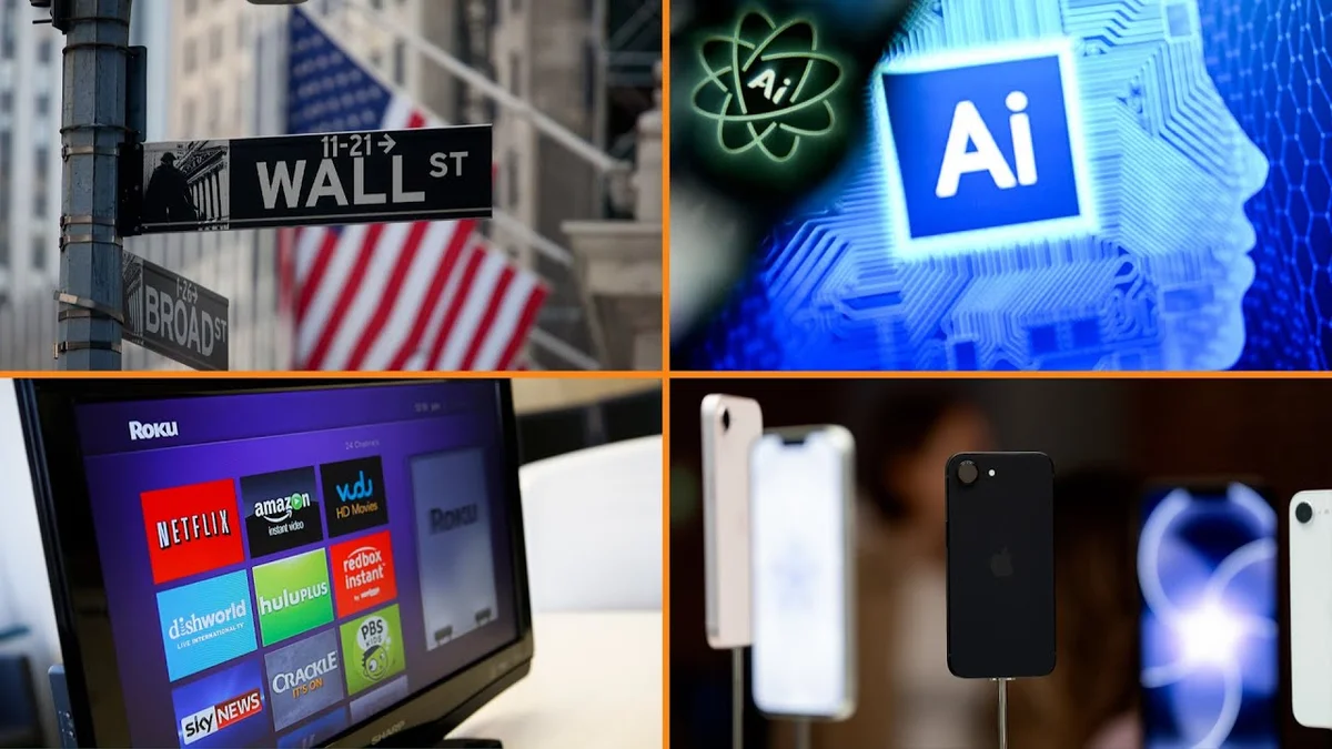 Split screen showing a digital AI brain graphic and a TV screen displaying streaming service logos.