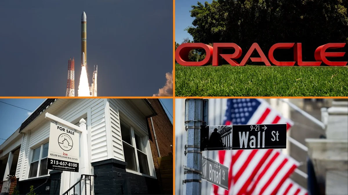 Bloomberg Money Minute graphic with SpaceX rocket launch and Oracle logo, symbolizing AI funding and job cuts.