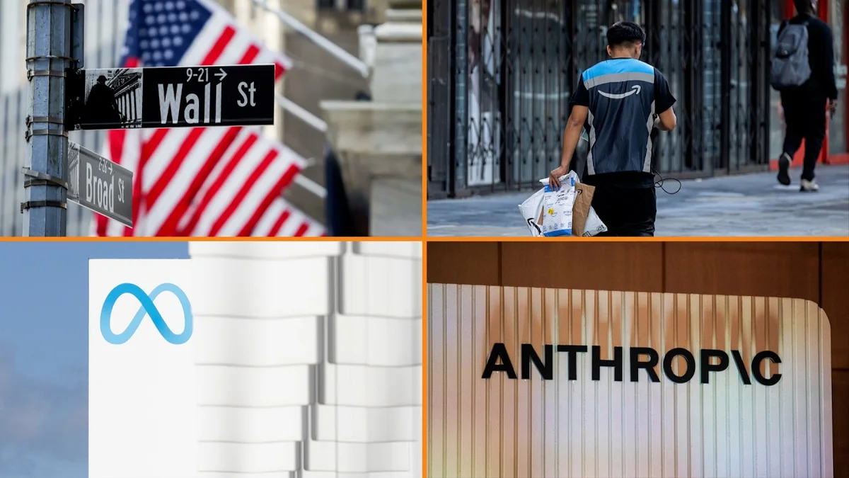 Wall Street street signs with American flag in background, representing stock market activity.