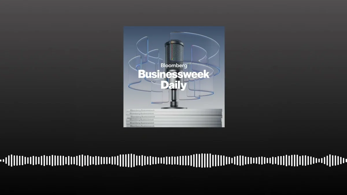 Bloomberg Businessweek Daily podcast graphic with a microphone and abstract blue lines